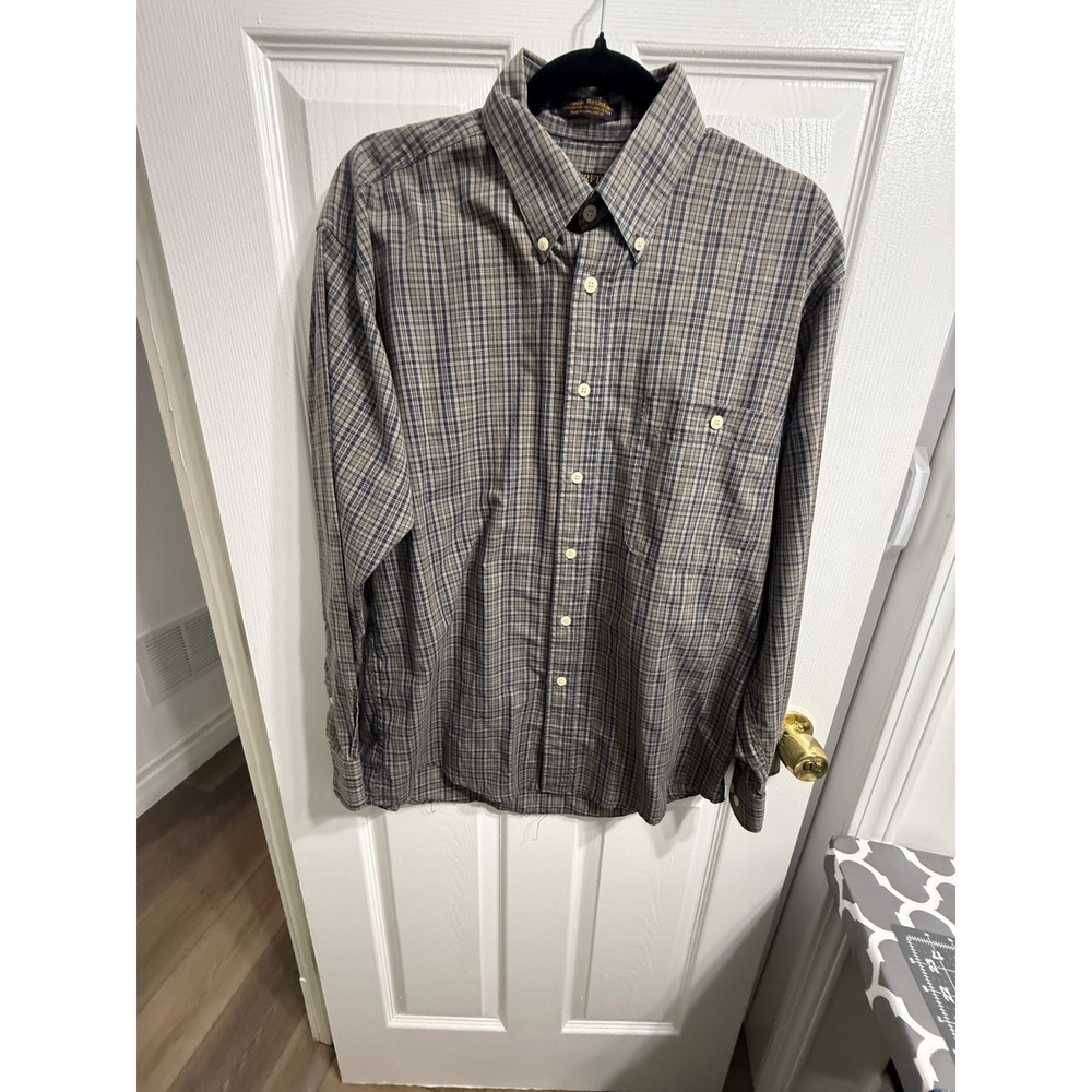 Chesterfield Mens Plaid Button Down Shirt Blue Tan Wrinkle Resistant Size M 15.5